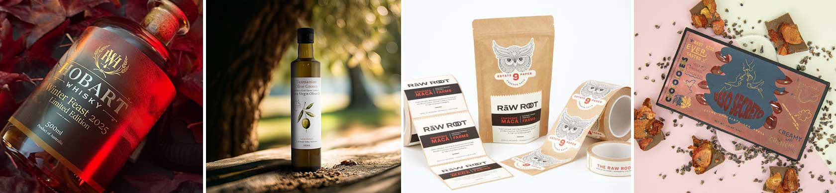 Selection of labels in bottles, pouches and rolls.