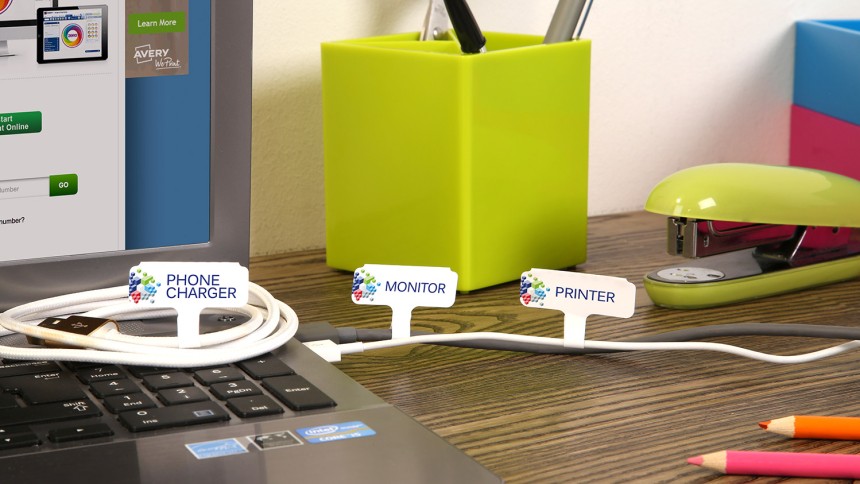 Avery Printable Cord Tags around items on desk
