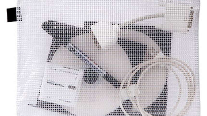 Pouch with zip containing a range of electronic cables and dvds.