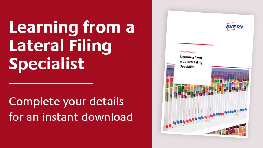 Banner the reads Learn from a Lateral Filing Specialist. Image of lateral file brochure next to banner.