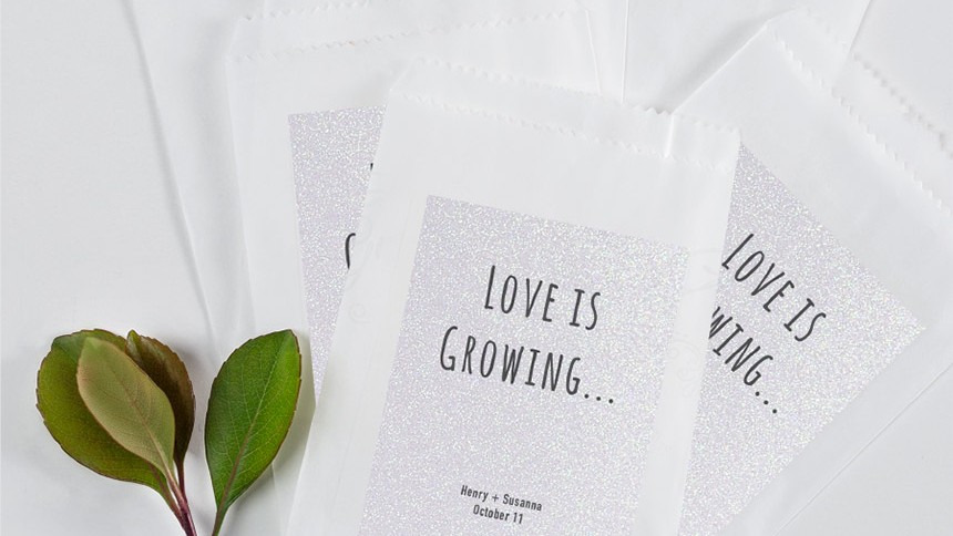 A group of small white paper bags, likely seed packets, with glittery labels on them. The label on the front bag reads "LOVE IS GROWING..." with the names "Henry + Susanna" and "October 11" below. A small sprig of green leaves is visible on the left side of the image.