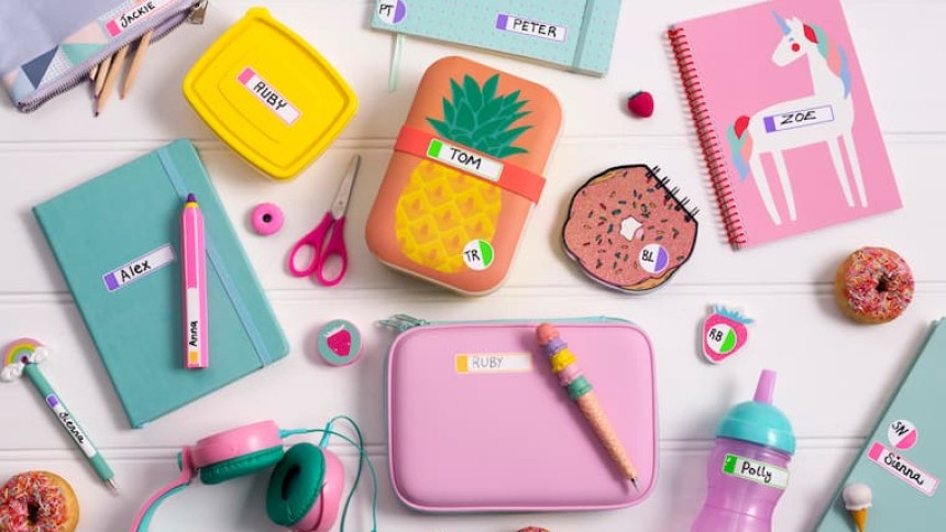 Blank Labels for variety of Back to School items including lunch box, stationary, books and bottles.