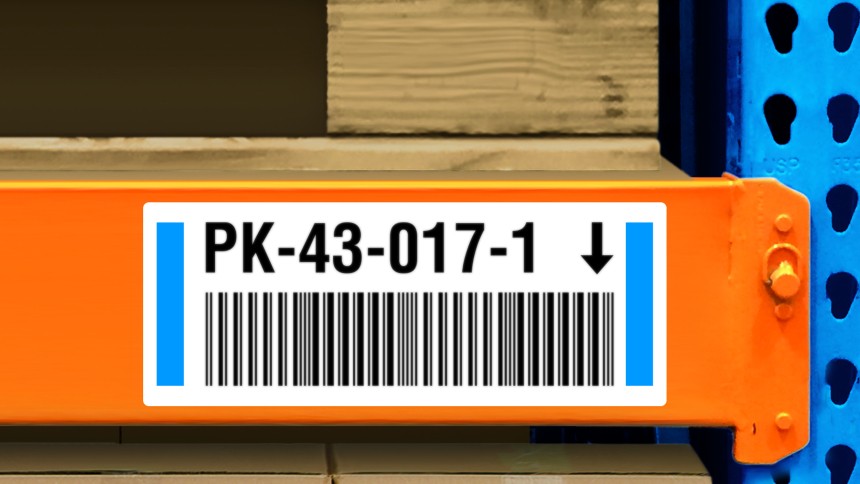 Warehouse with Labeling stickers on shelves with wooden pallets