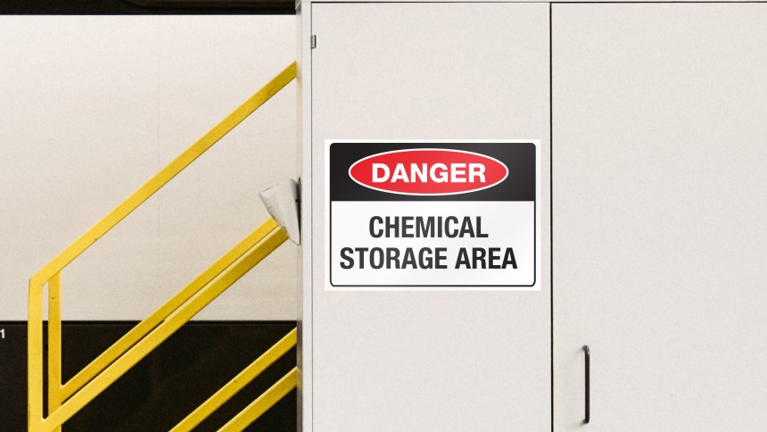 Heavy Duty Sign in industrial factory that reads Danger Chemical Storage Area
