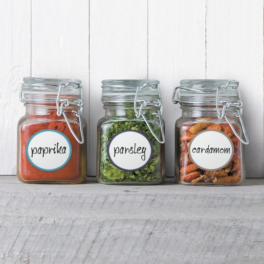 Three square glass spice jars with metal latch lids are lined up on a white wooden shelf. Each jar has a white circular label with a colored border and black handwritten-style text. The first jar contains red paprika with a blue-bordered label that says "paprika." The second jar contains green parsley with a dark green-bordered label that says "parsley." The third jar contains tan cardamom pods with a tan-bordered label that says "cardamom." The background is a white wooden wall.