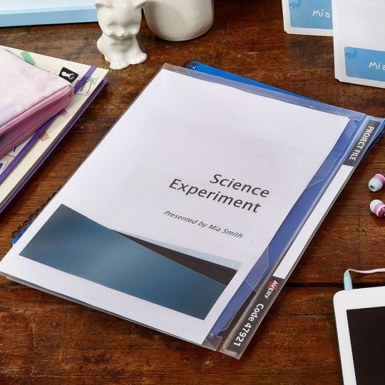 school Avery project files and binders on a desk
