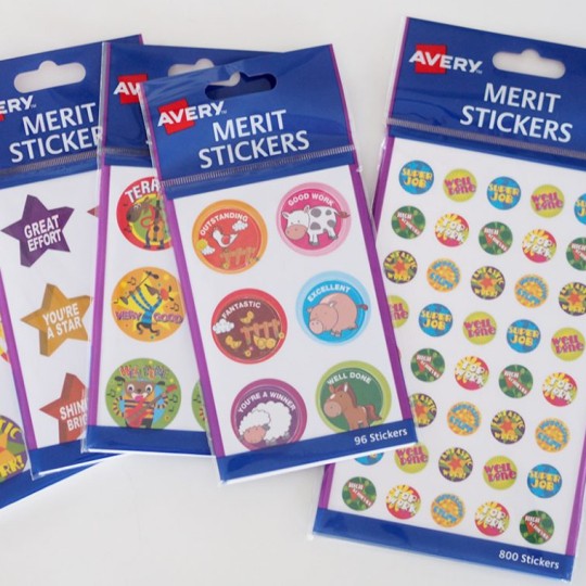 Collection of Colourful Kids Merit Stickers in a variety of shapes including round, stars, animals and variety of printed positive sayings like great effort, super job.