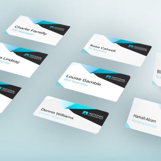 Eight name cards from the "National Conference" are arranged on a blue and white background. Each card has a name and title, such as "Laurel Carson, Graphic Designer" and "Hamish Alcorn, Marketing Executive," and a blue and black geometric design.