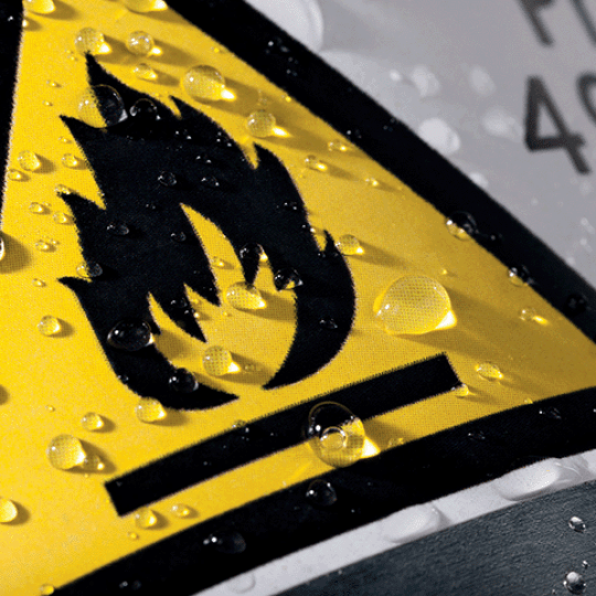 Waterproof Heavy Duty Label showing fire symbol for labeling flammable item.