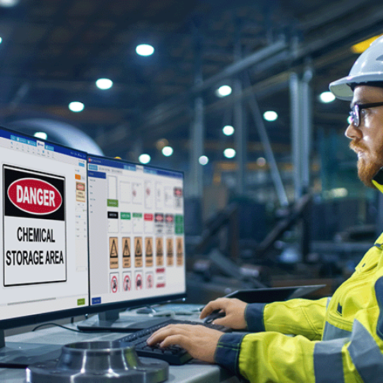 Man using Avery Design & Print online to create and print a warning label