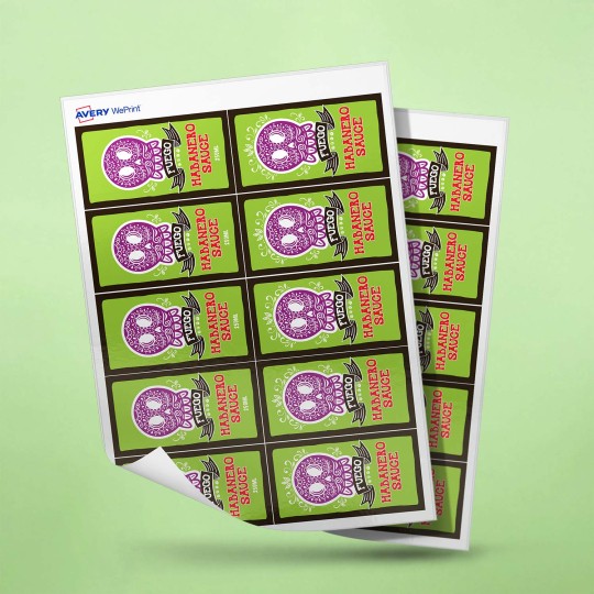 2 rectangle label sheets, each with 10 rectangle labels, promoting habanero sauce.