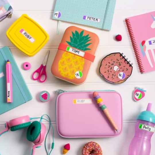 Blank Labels for variety of Back to School items including lunch box, stationary, books and bottles.
