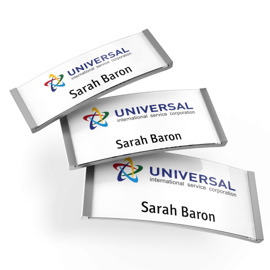 3 different size curved name badges, overlapping. Name and logo text on each.