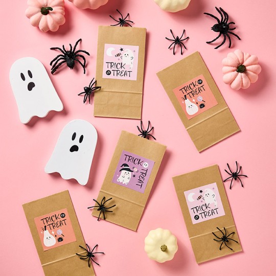 Halloween square stickers in pink background with spiders and pumpkin and ghost props