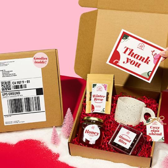 Christmas Product Labels with variety of different shaped labels for honey, chocolate, tea and mug as well as cards and a shipping carboard box on a bright pink and red background