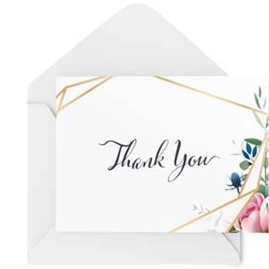 Thank you Card in cursive writing and pink flowers with leaf
