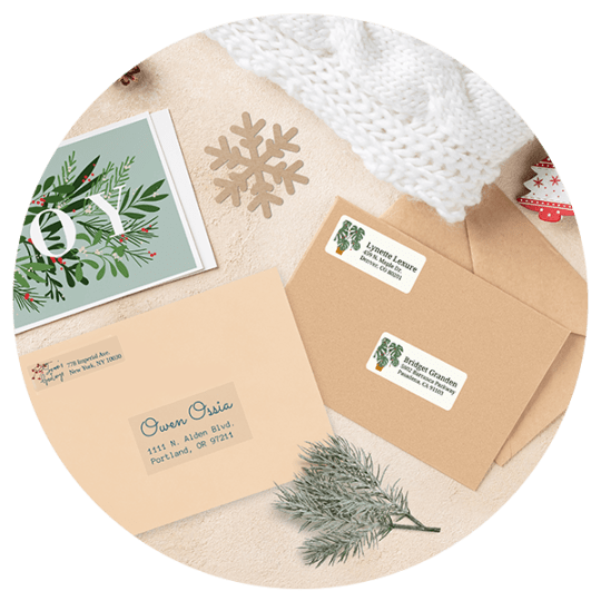 Mailing and Shipping Stickers on christmas background in a round shape