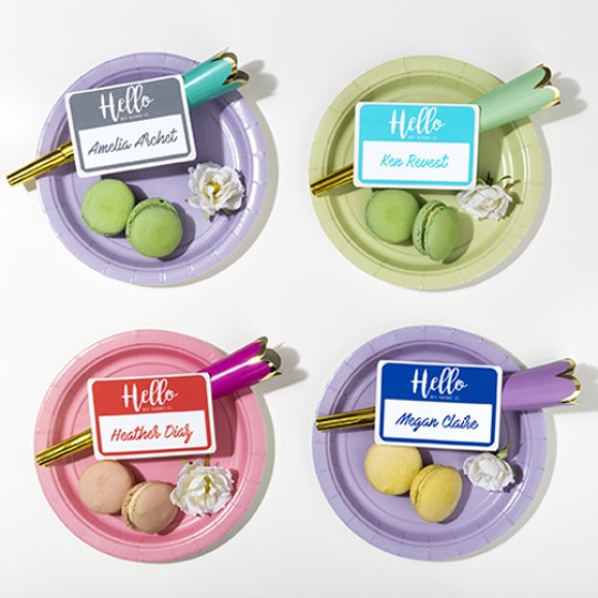 Name badges on colourful party plates