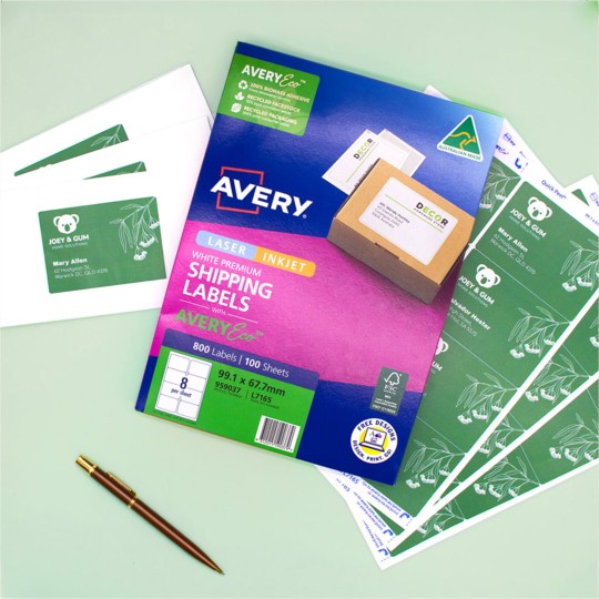 top down shot of AveryEco product with green labels around it