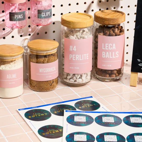 Labels on sheets next to jars with labels