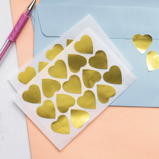 Gold Heart Shape Stickers in Hang Packs on blue envelope