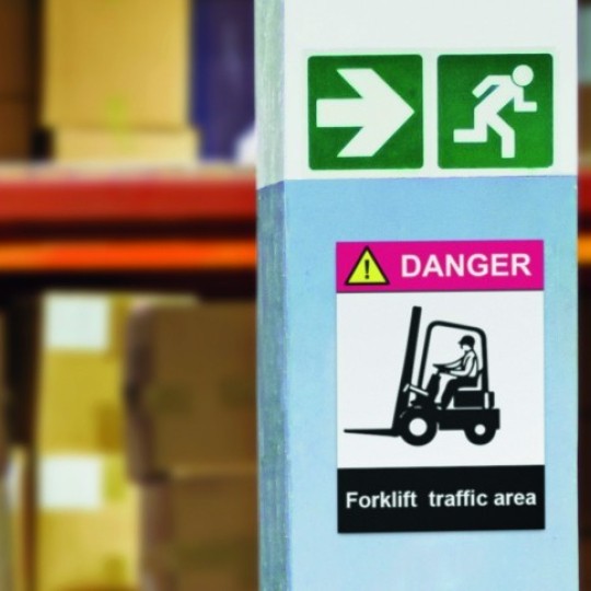 Signage Stickers in Warehouse showing danger forklift in operation 