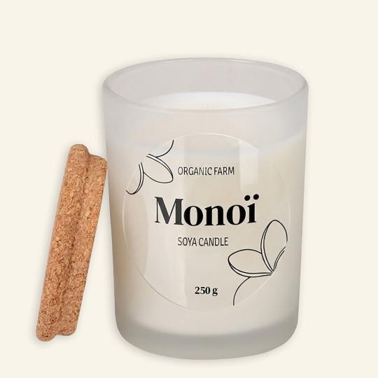 Clear label on a glass candle jar.