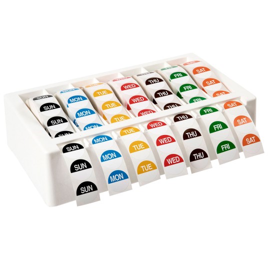 Food rotation dot labels in a dispenser with colour coded days of the week.
