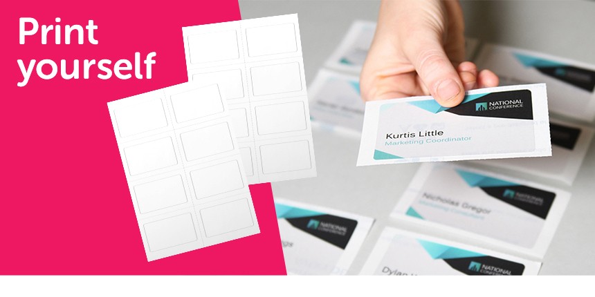 Print Yourself Fabric Name badges. Hand holding out a name badge label