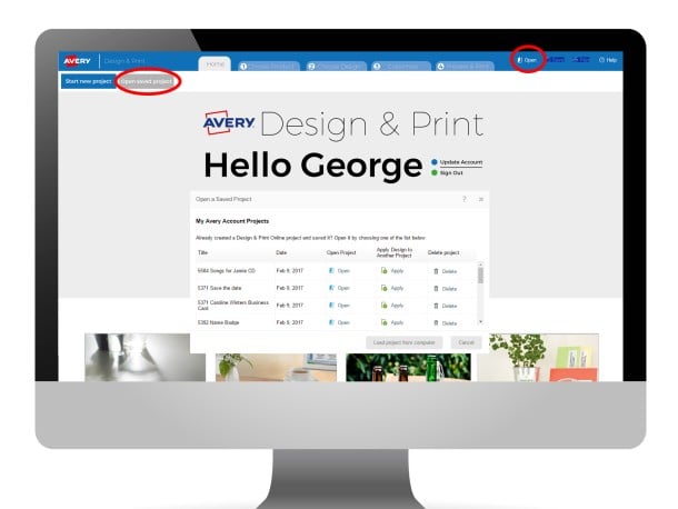 Avery Design & Print – Open Saved Project