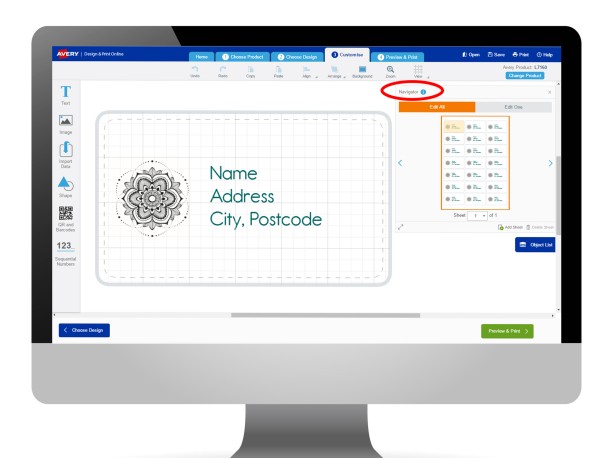 Avery Design & Print navigator tool