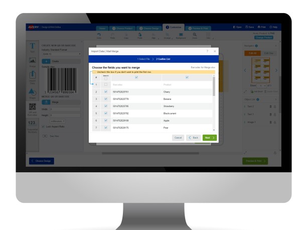 Avery Design & Print Merge Barcode