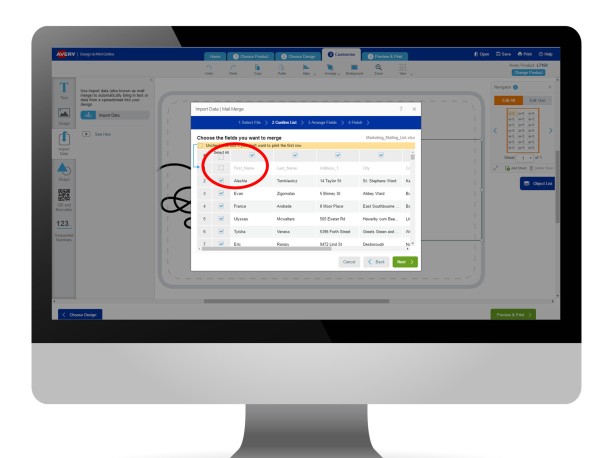 Avery Design & Print Import Data screen