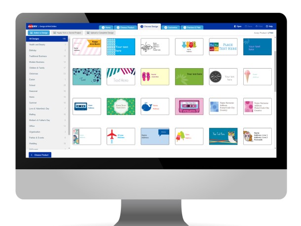 Avery Design & Print Select Design template screen