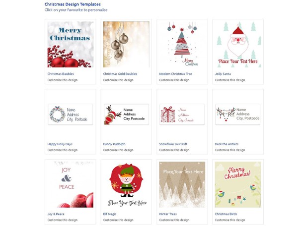 Screenshot of 8 Christmas templates for users to select and design with.