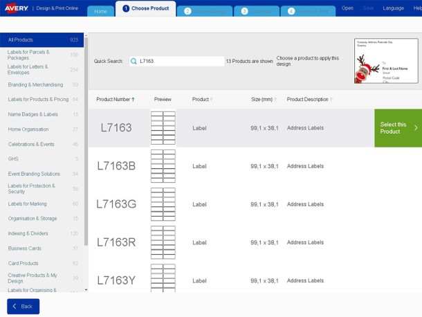 Screenshot of Avery Design and Print platform. A quick search bar that user has entered L7163 and a list of templates appeared to select from.