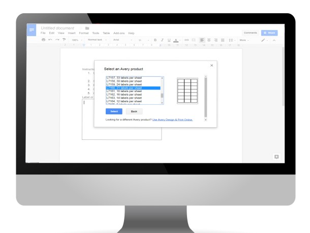 List of Avery products in Google Docs Add On