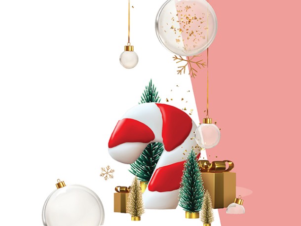 A holiday-themed graphic with a split background: white on the left and pink on the right. In the center, a large, stylized red and white striped candy cane stands upright. Around it are various 3D-rendered holiday decorations, including small gold and green pine trees, golden gift boxes, clear ornaments, and a transparent balloon filled with gold confetti.