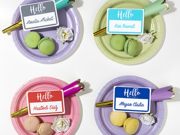 Name badges on colourful party plates