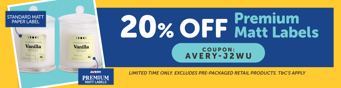 20% Off Premium Matt Labels banner next to image of 2 candles with labels showing the label quality difference.