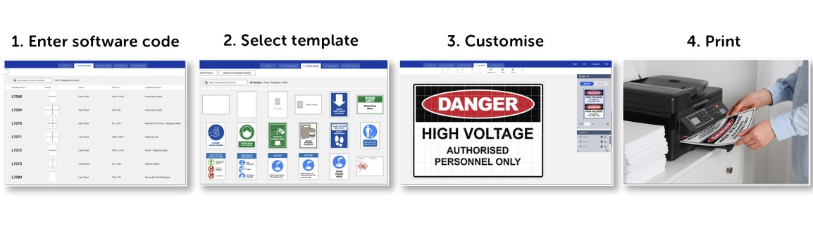 Instructions on how to use Design and Print. 1. Enter software code 2. Select template 3. Customise 4. Print.