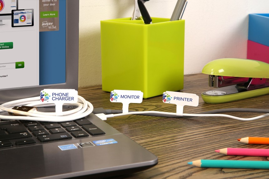 Avery Printable Cord Tags around items on desk