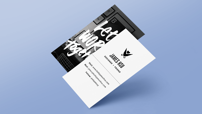 A close-up, angled shot of two business cards floating on a light blue background. The card on top has a black-and-white photo of a desk with a laptop and the words "Great idea" in white script. The card below has the name "JAMES HSU," "DESIGNER + FRIEND," and a stylized bird logo. Contact information is also listed on the card.