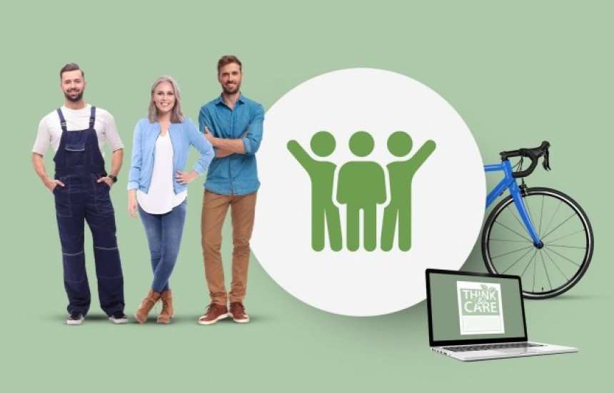 3 people standing next to a logo of 3 people illustrated in green. Next to that is a bike and a laptop
