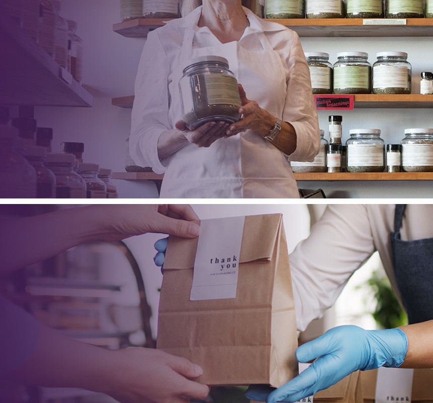 Images of a woman holding a spice jar and another image of a brown paper bag with a thank you label sealing it shut