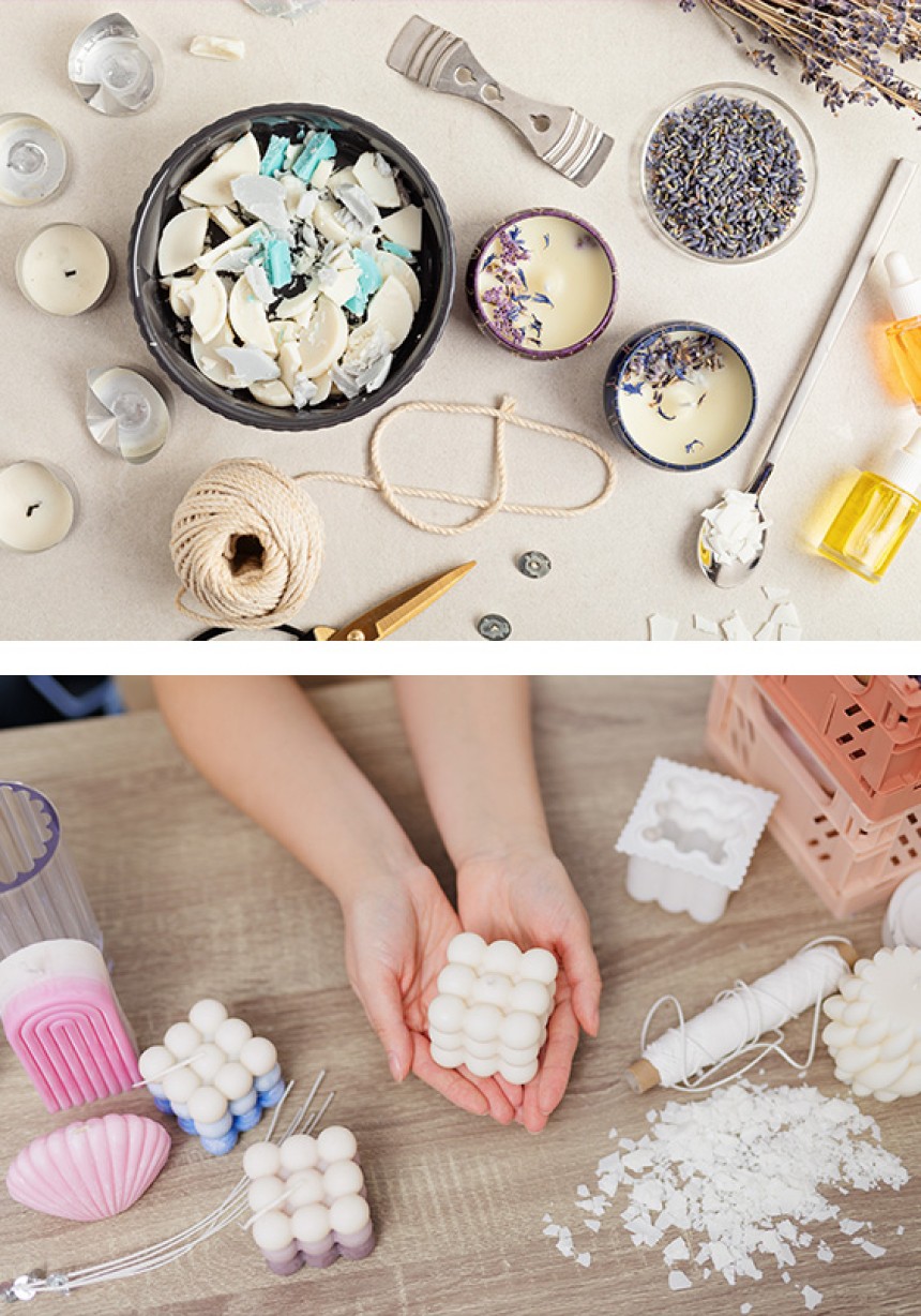 Image 1: Homemade candles scene. Image 2: Hands holding a uniquely shaped candle