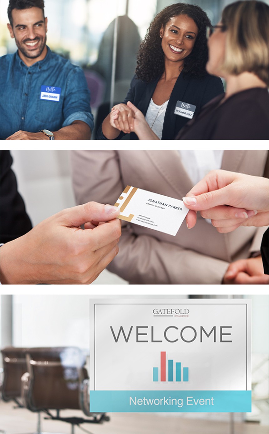 Image 1: People introducing themselves to one another wearing fabric name badges. Image 2: A business card changing hands. Image 3: Welcoming label signage at an event
