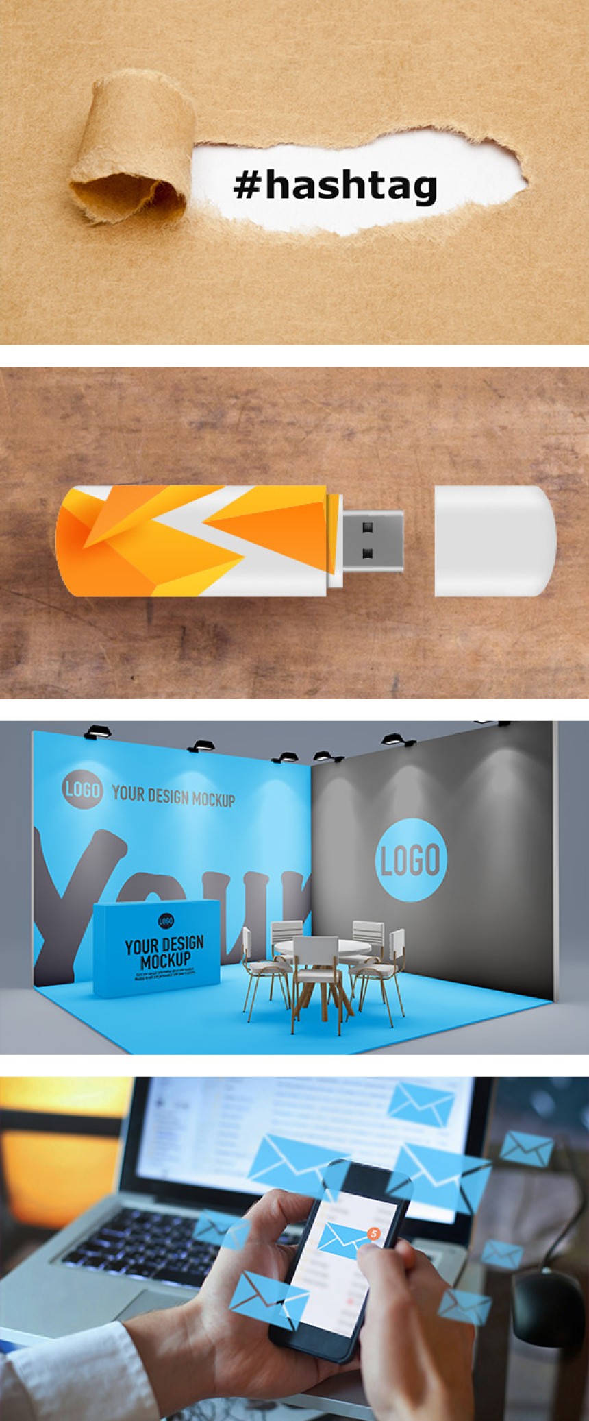 Image 1: #hashtag, Image 2: Branded USB, Image 3: Mockup of a tradeshow booth, Image 4: Person writing an email on his phone