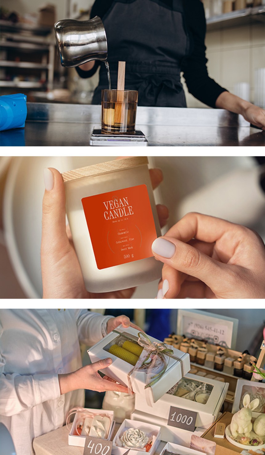 Image 1: Woman pouring candle wax into a jar. Image 2: Hands applying label onto candle jar. Image 3: Woman at a marketplace handing out a gift box of candles