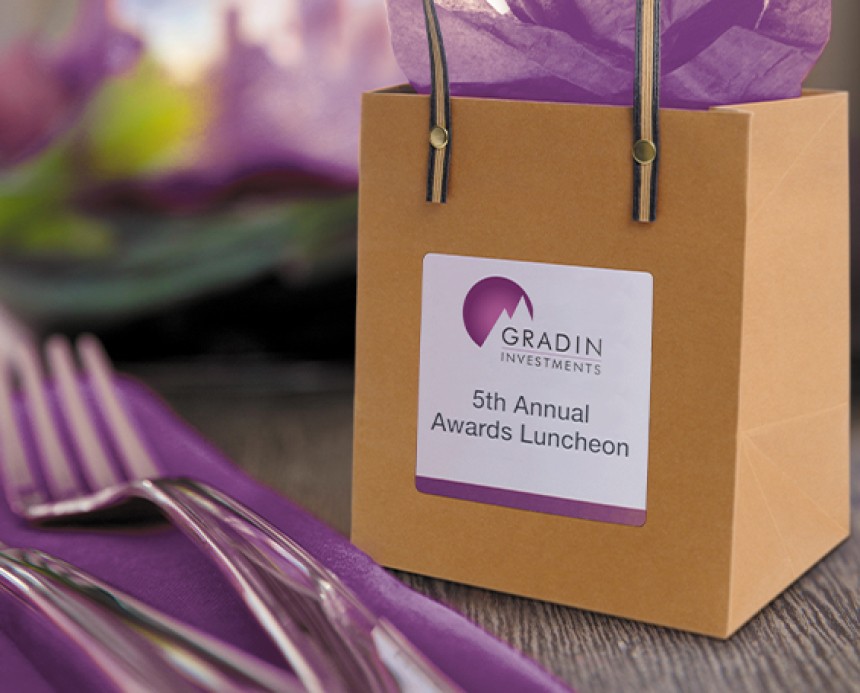 Brown gift bag with a square label on it